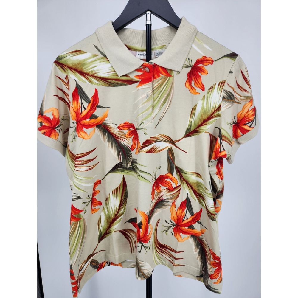 White Stag Womens XL Tropical Floral Polo Shirt Stretch Cotton Orange Green Tan